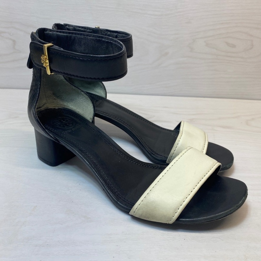 Tory Burch Womens 7.5M Block Heel Ankle Strap Black White Sandal Logo Luxury